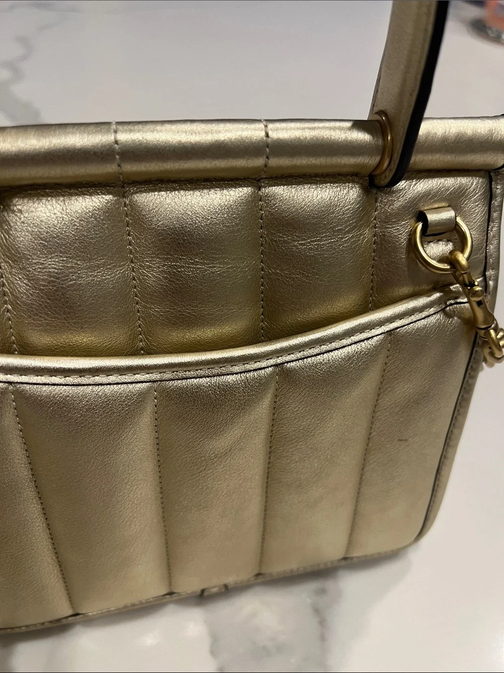 Coach Metallic Gold Quilted Leather Satchel with Chain Strap